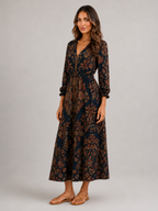 Floral Bohemian V Neck Maxi Dress Autumn Women
