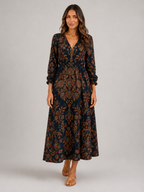 Floral Bohemian V Neck Maxi Dress Autumn Women