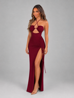 Vestido largo ajustado con halter y recortes para mujer de noche
