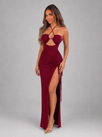 Vestido largo ajustado con halter y recortes para mujer de noche