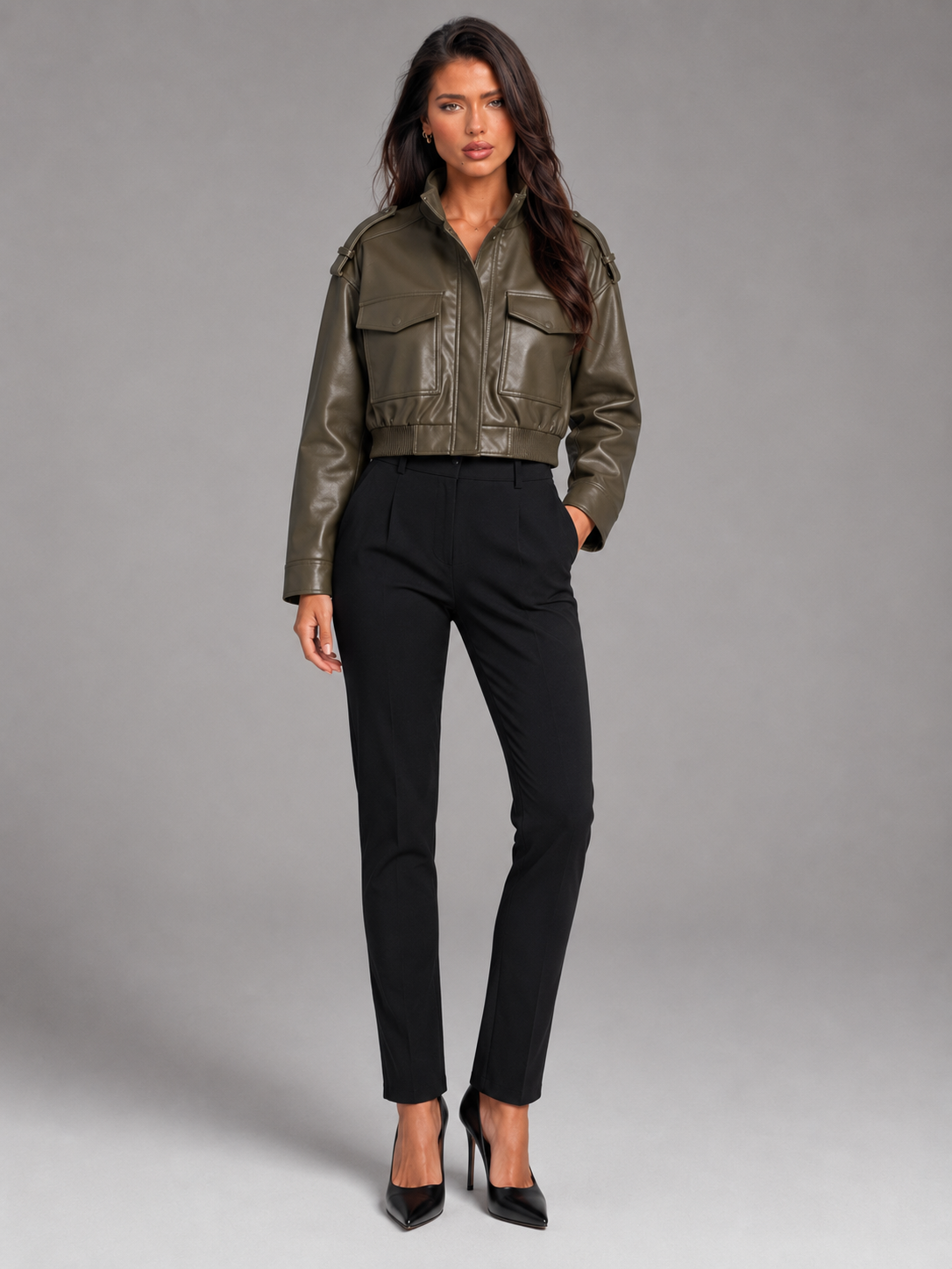 Cropped Faux Leather Utility Jacket for Women