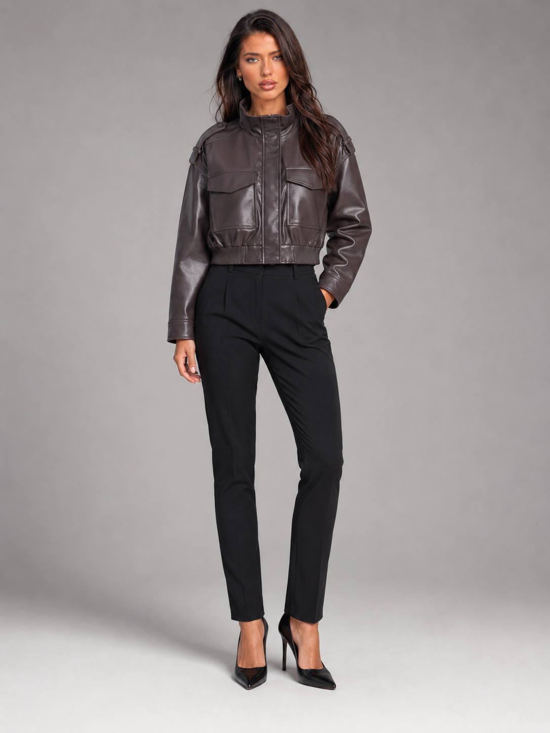 Cropped Faux Leather Utility Jacket for Women