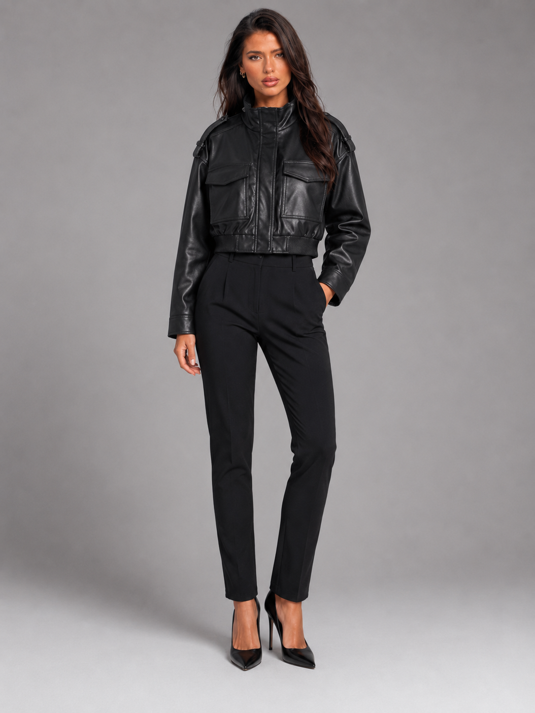 Cropped Faux Leather Utility Jacket for Women
