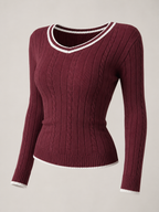 Women's Contrast Trim Cable Knit Sweater | Slim Fit V-Neck Jumper