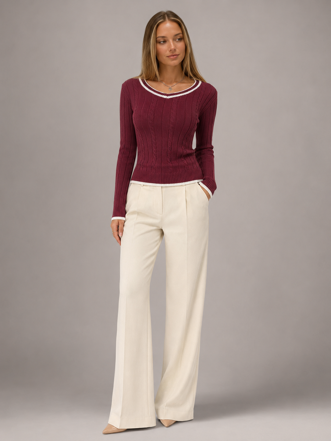 Women's Contrast Trim Cable Knit Sweater | Slim Fit V-Neck Jumper