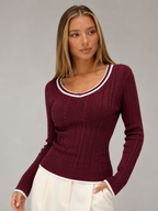 Women's Contrast Trim Cable Knit Sweater | Slim Fit V-Neck Jumper
