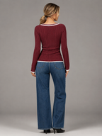 Women's Contrast Trim Cable Knit Sweater | Slim Fit V-Neck Jumper