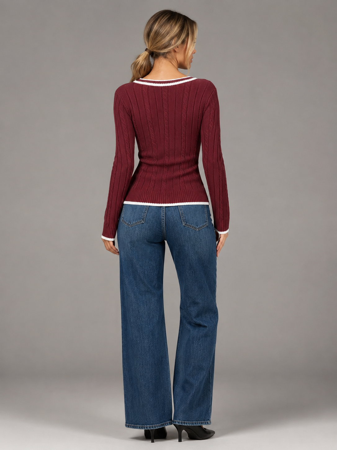 Women's Contrast Trim Cable Knit Sweater | Slim Fit V-Neck Jumper