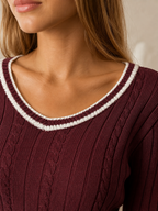 Women's Contrast Trim Cable Knit Sweater | Slim Fit V-Neck Jumper