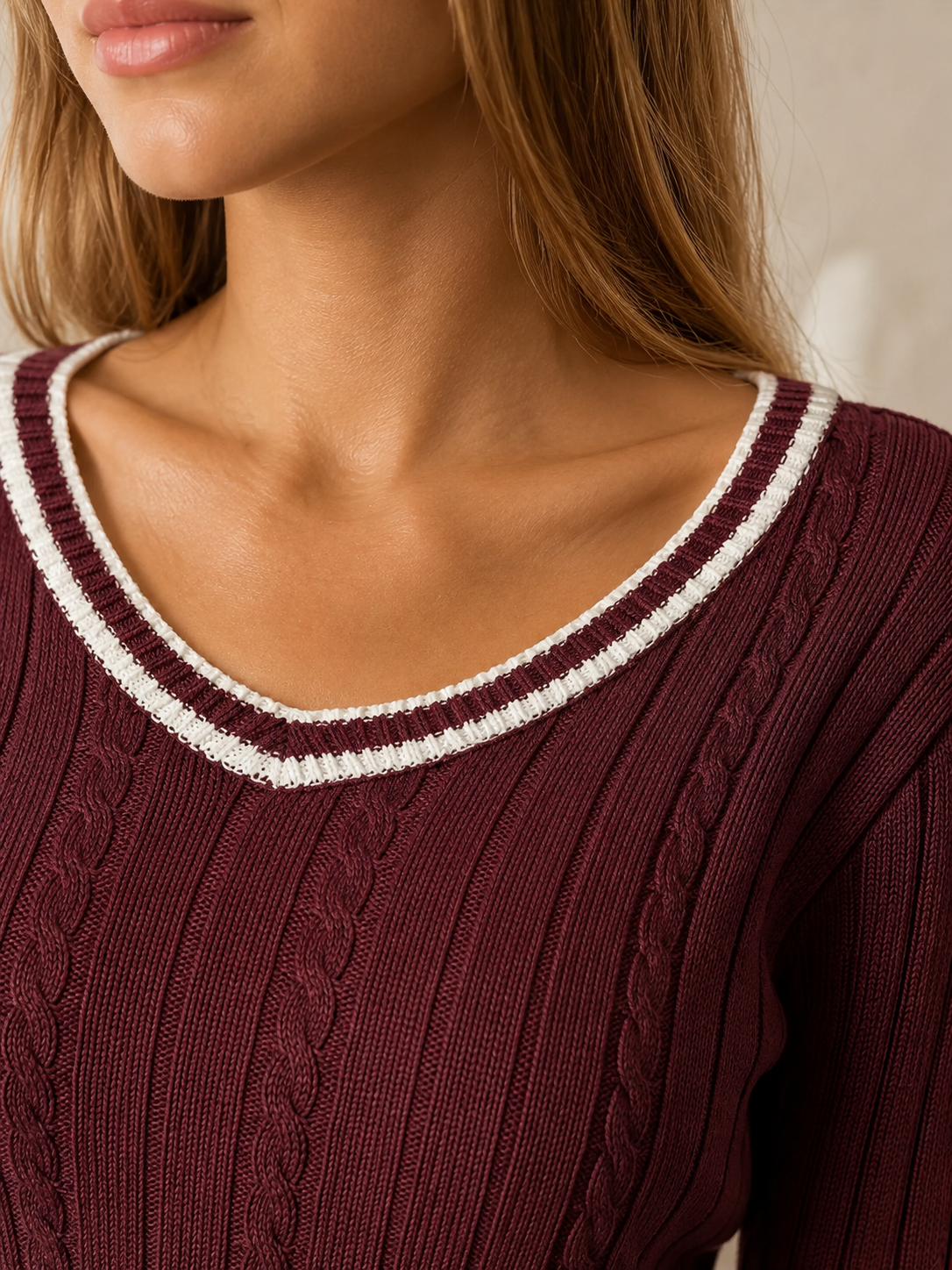 Women's Contrast Trim Cable Knit Sweater | Slim Fit V-Neck Jumper