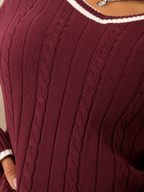 Women's Contrast Trim Cable Knit Sweater | Slim Fit V-Neck Jumper