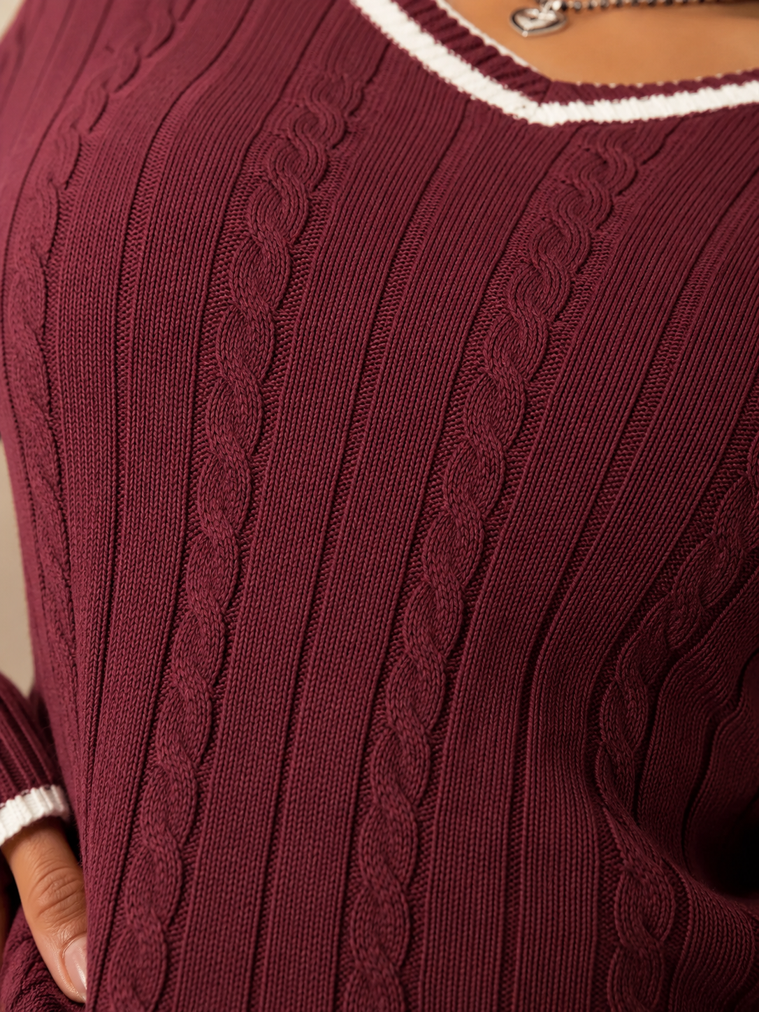 Women's Contrast Trim Cable Knit Sweater | Slim Fit V-Neck Jumper