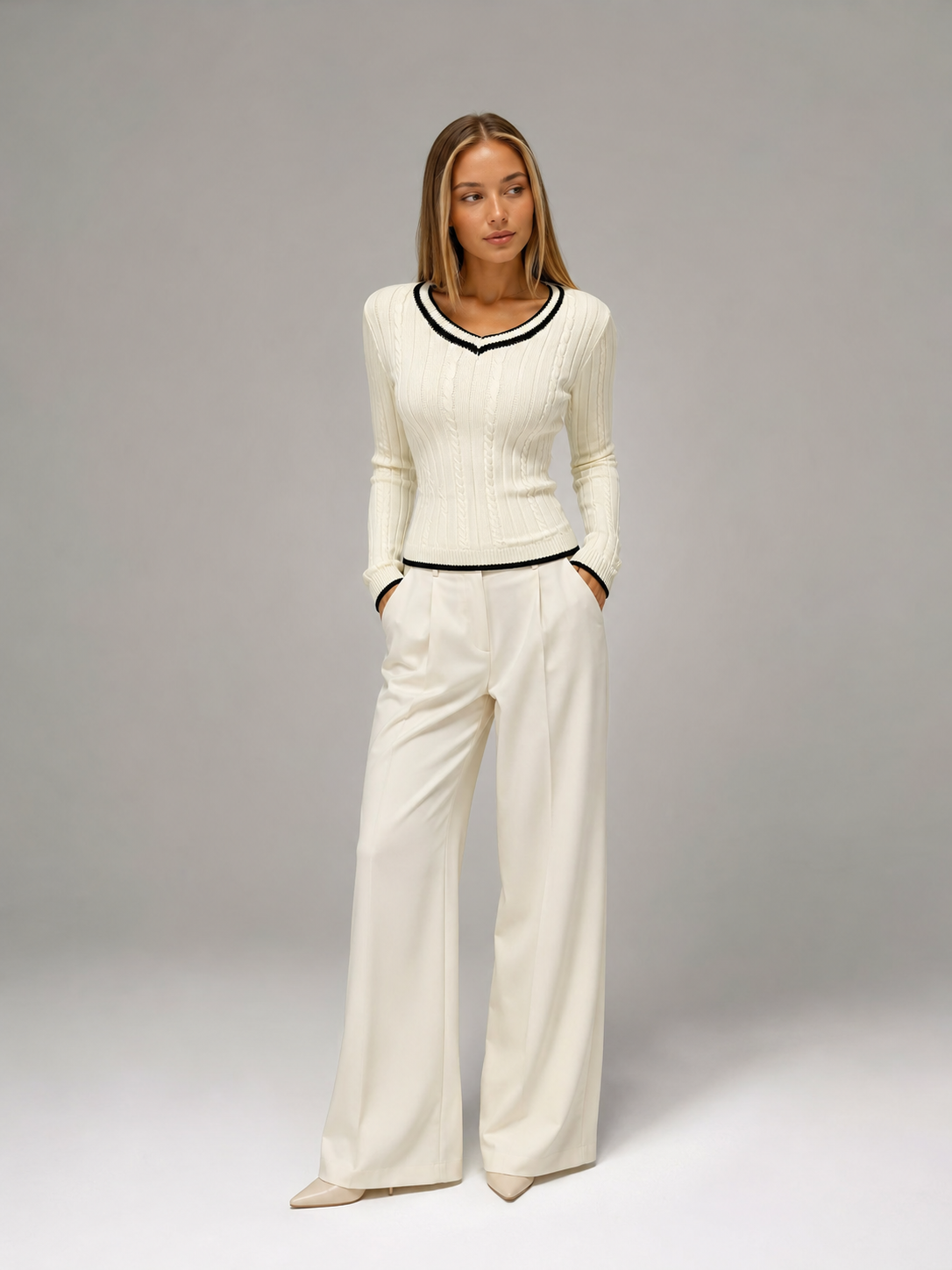 Women's Contrast Trim Cable Knit Sweater | Slim Fit V-Neck Jumper