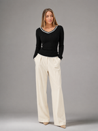 Women's Contrast Trim Cable Knit Sweater | Slim Fit V-Neck Jumper