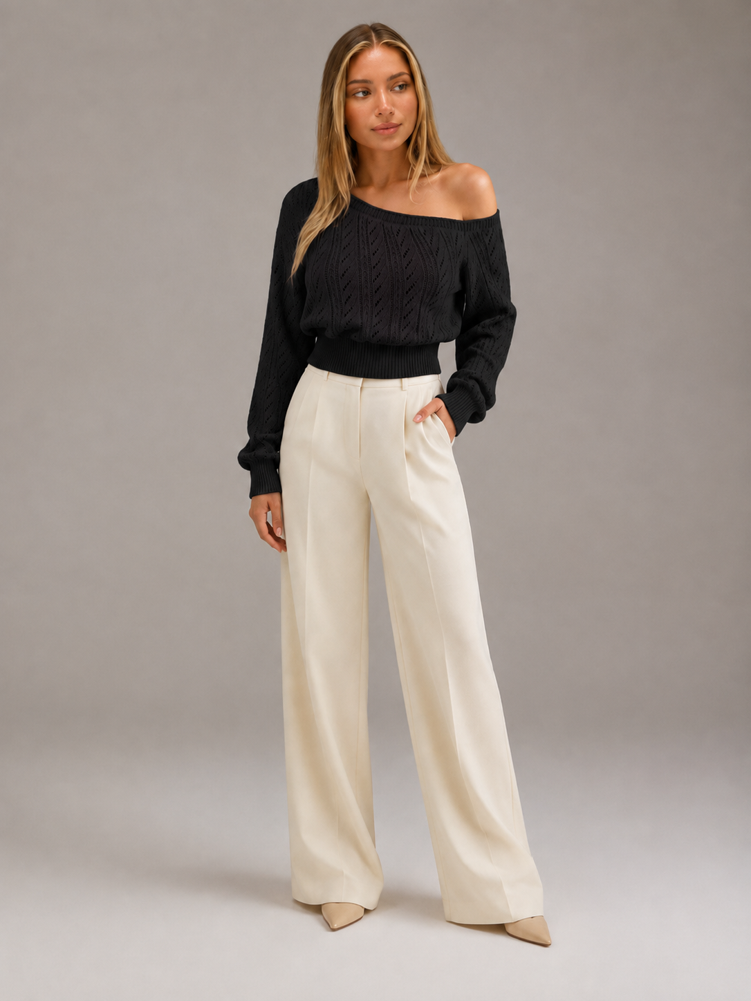 Women's Off-Shoulder Cable Knit Jumper | Cropped Balloon Sleeve Sweater