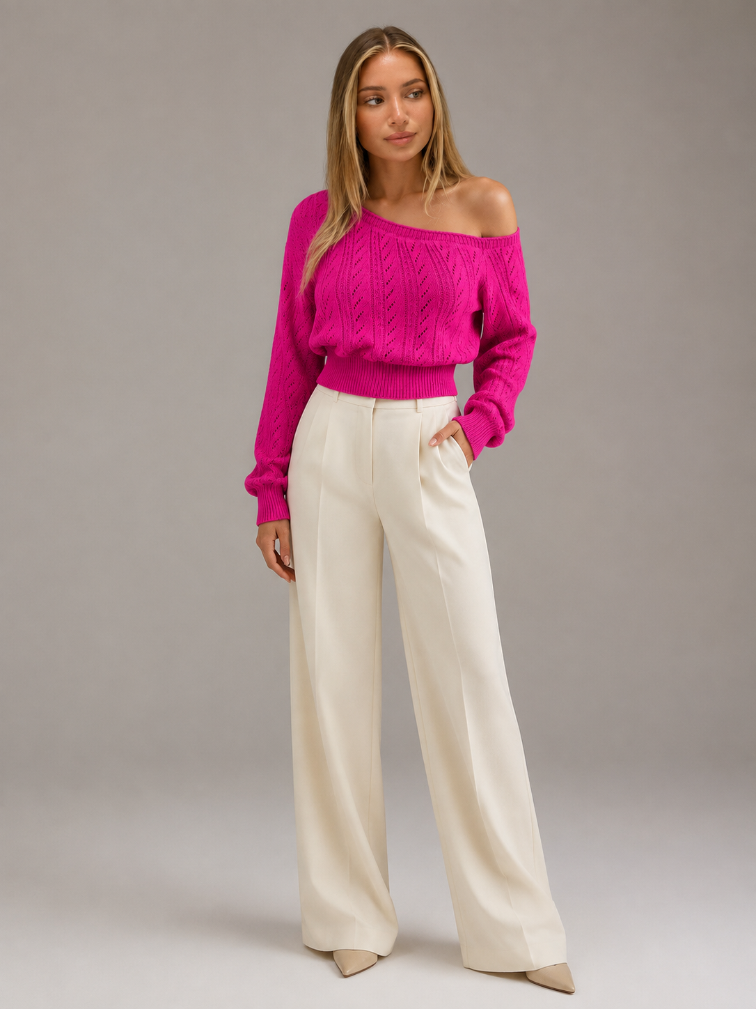 Women's Off-Shoulder Cable Knit Jumper | Cropped Balloon Sleeve Sweater