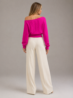 Women's Off-Shoulder Cable Knit Jumper | Cropped Balloon Sleeve Sweater