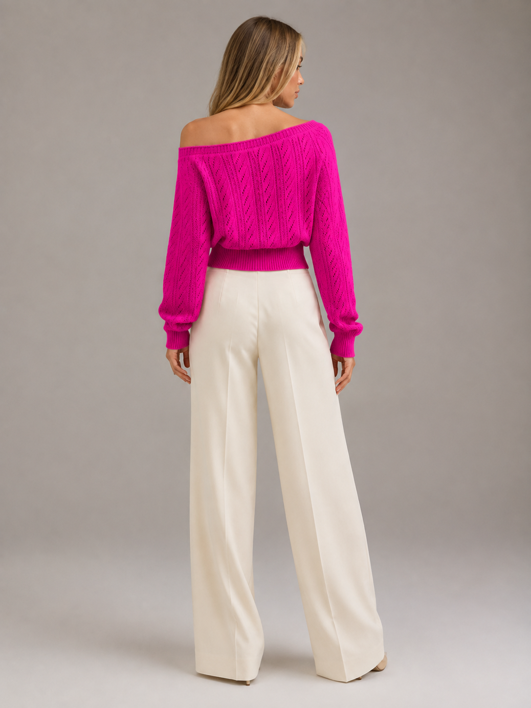 Women's Off-Shoulder Cable Knit Jumper | Cropped Balloon Sleeve Sweater