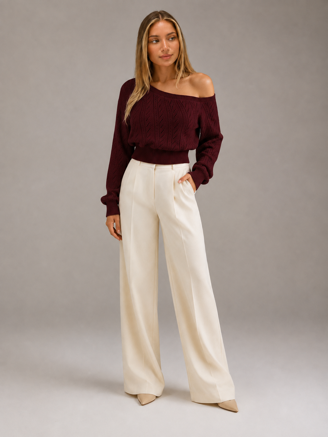 Women's Off-Shoulder Cable Knit Jumper | Cropped Balloon Sleeve Sweater