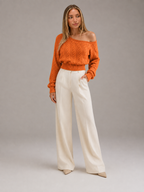 Women's Off-Shoulder Cable Knit Jumper | Cropped Balloon Sleeve Sweater