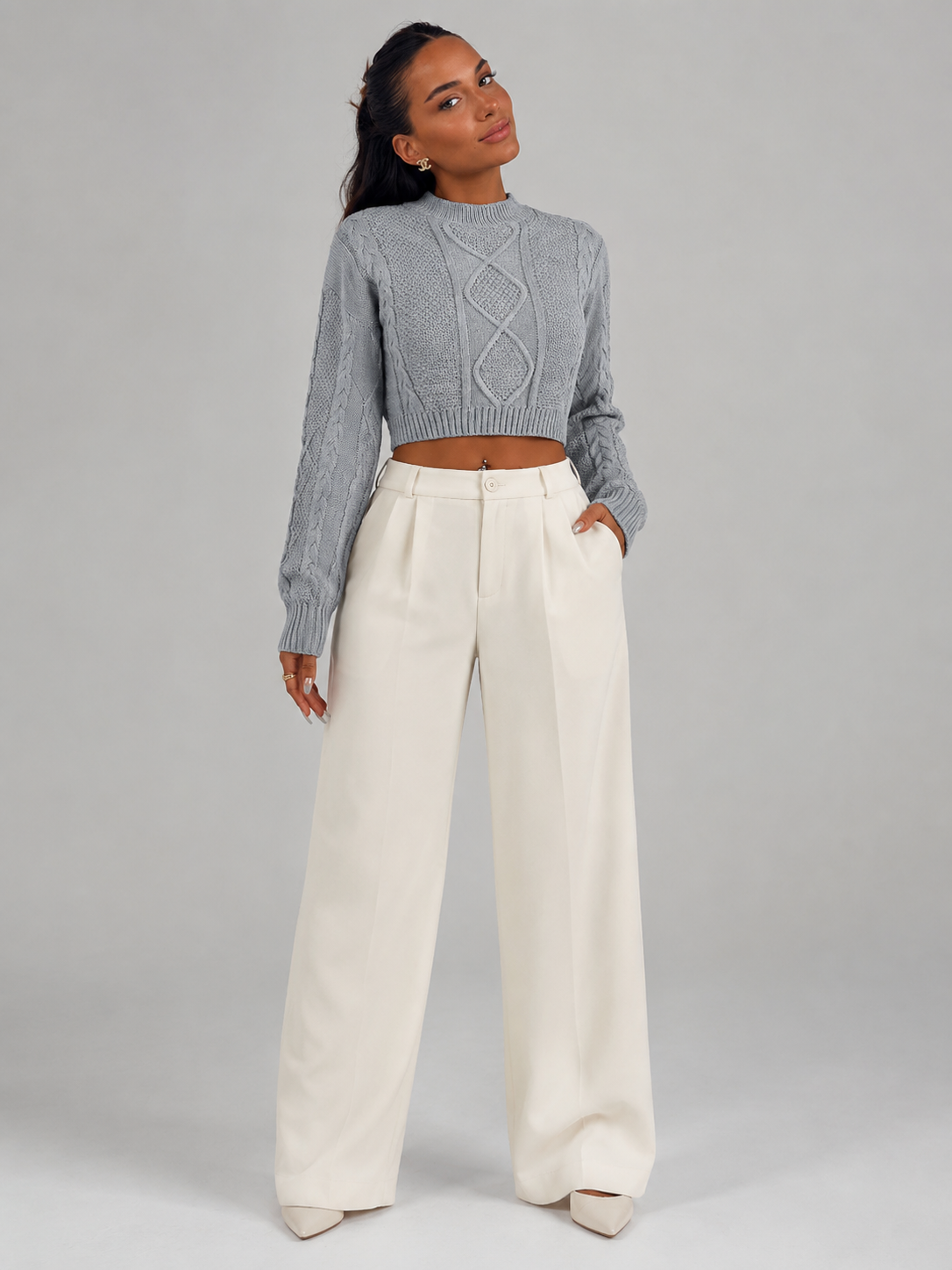Women's Cropped Cable Knit Jumper | Mock Neck Sweater