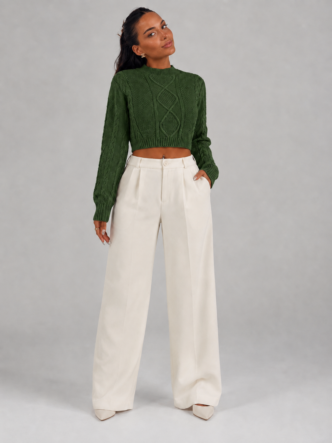 Women's Cropped Cable Knit Jumper | Mock Neck Sweater