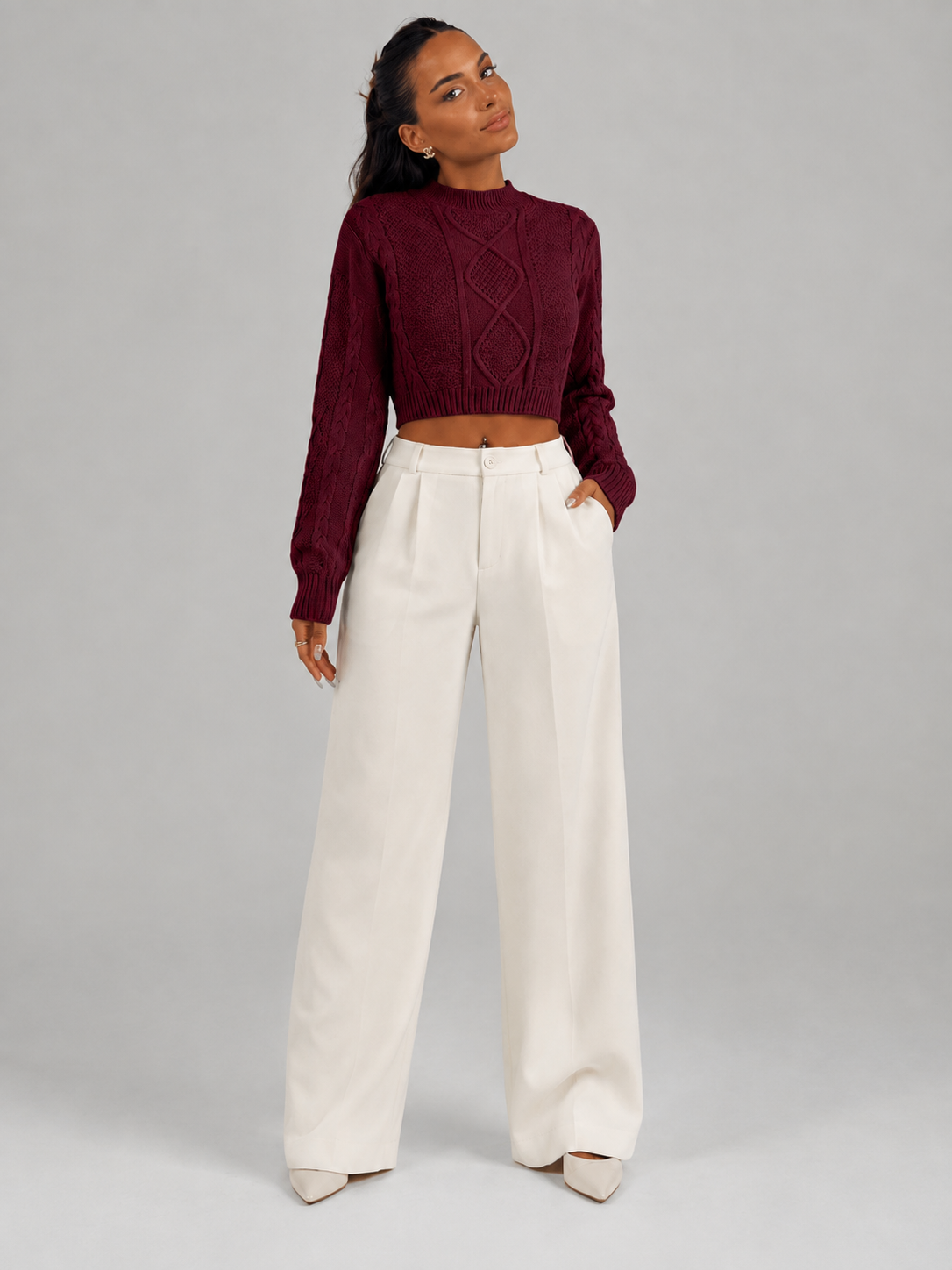 Women's Cropped Cable Knit Jumper | Mock Neck Sweater