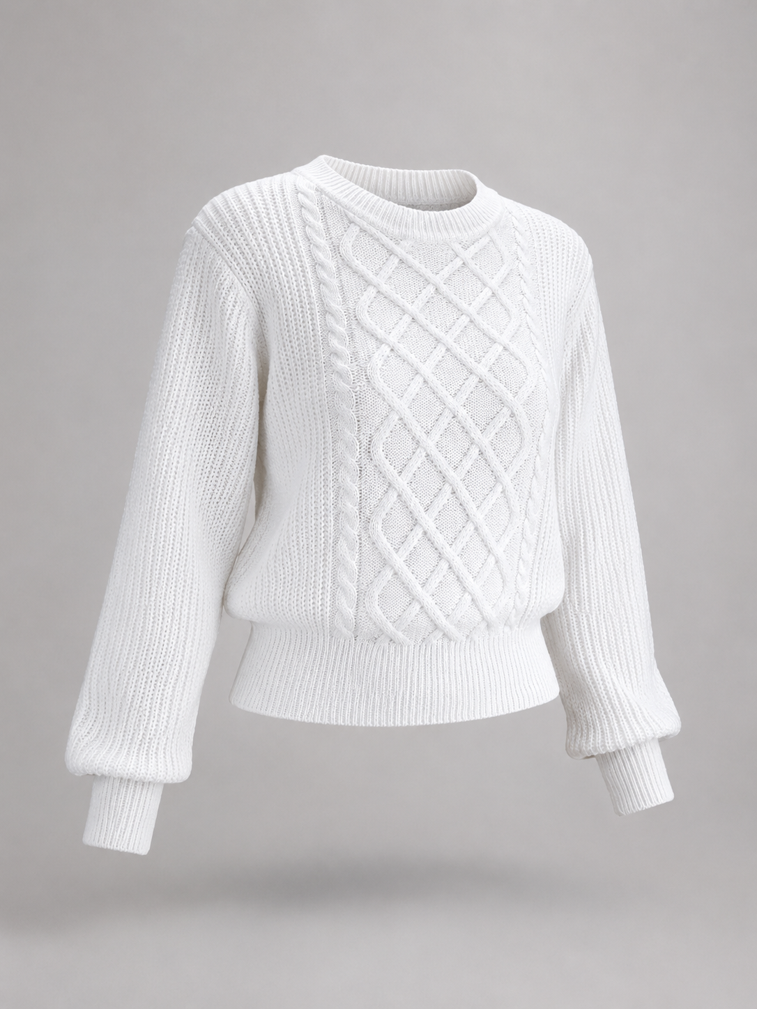Women's Cable Knit Lantern Sleeve Jumper | Crew Neck Sweater
