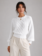 Women's Cable Knit Lantern Sleeve Jumper | Crew Neck Sweater