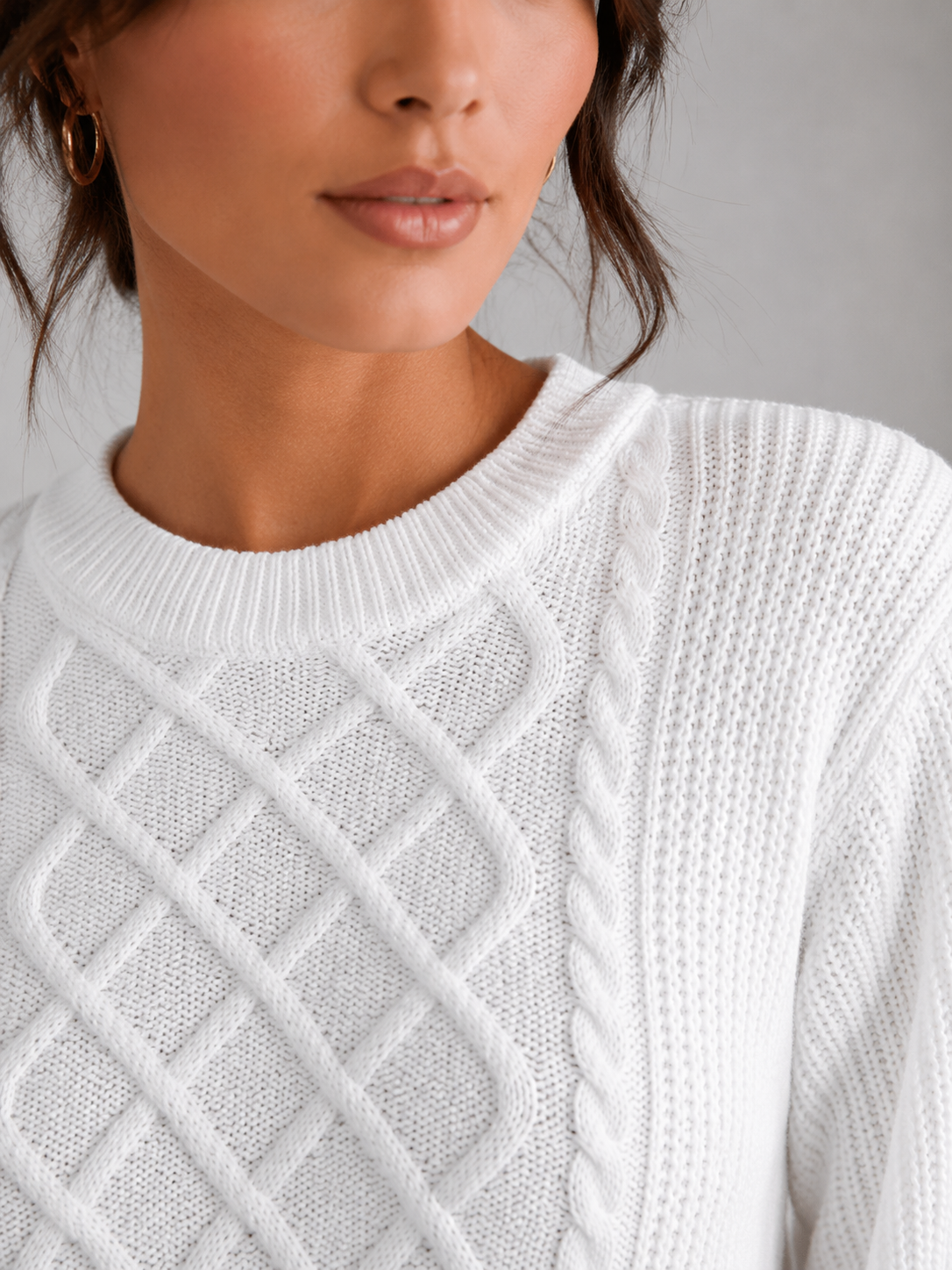 Women's Cable Knit Lantern Sleeve Jumper | Crew Neck Sweater