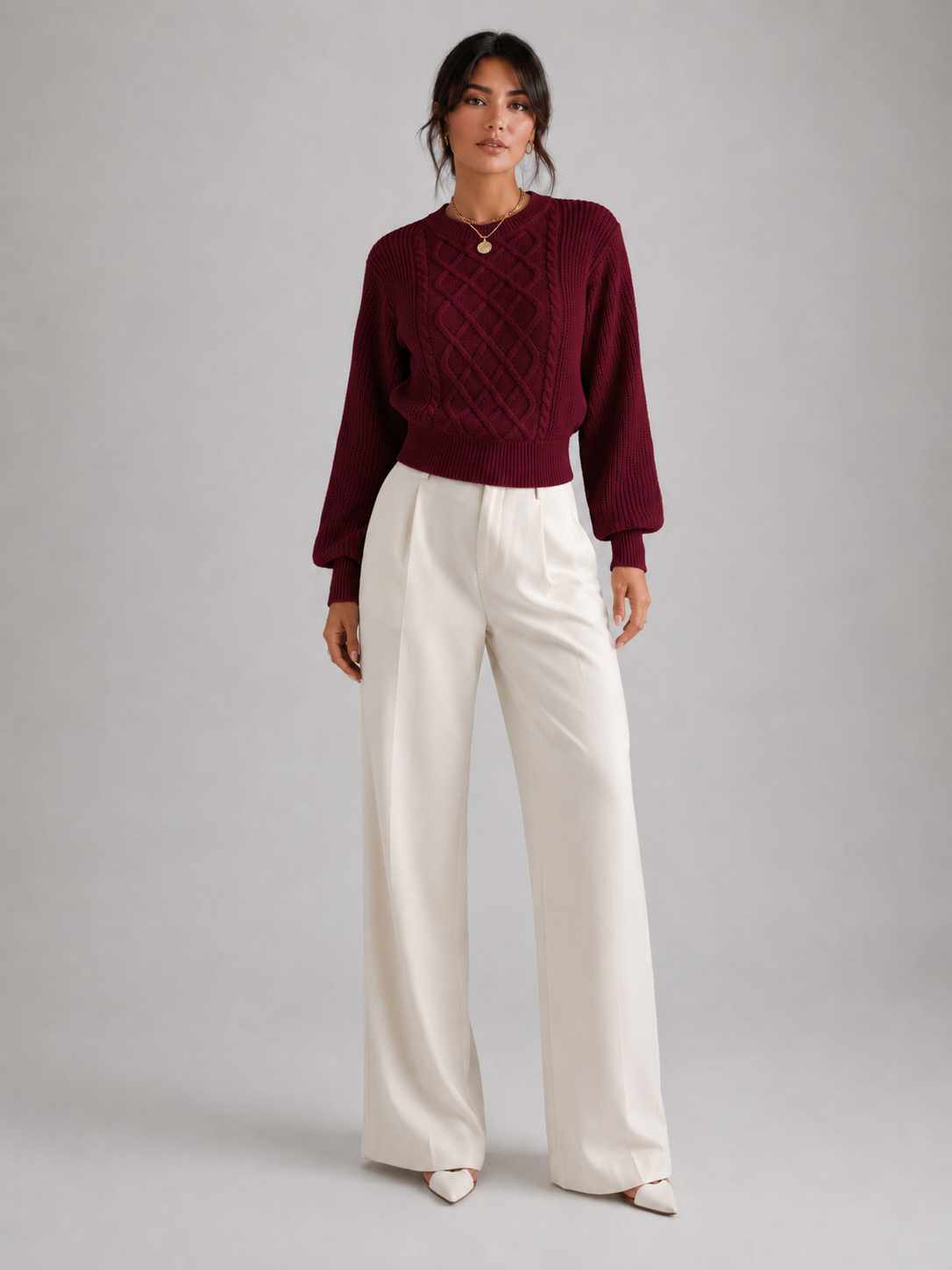 Women's Cable Knit Lantern Sleeve Jumper | Crew Neck Sweater