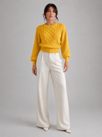 Women's Cable Knit Lantern Sleeve Jumper | Crew Neck Sweater