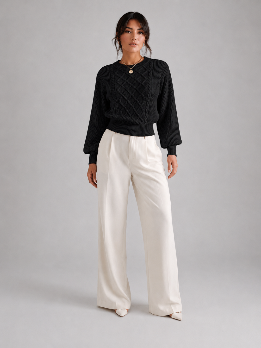 Women's Cable Knit Lantern Sleeve Jumper | Crew Neck Sweater