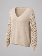 Women's Open Knit Sleeve Jumper | Relaxed V-Neck Sweater