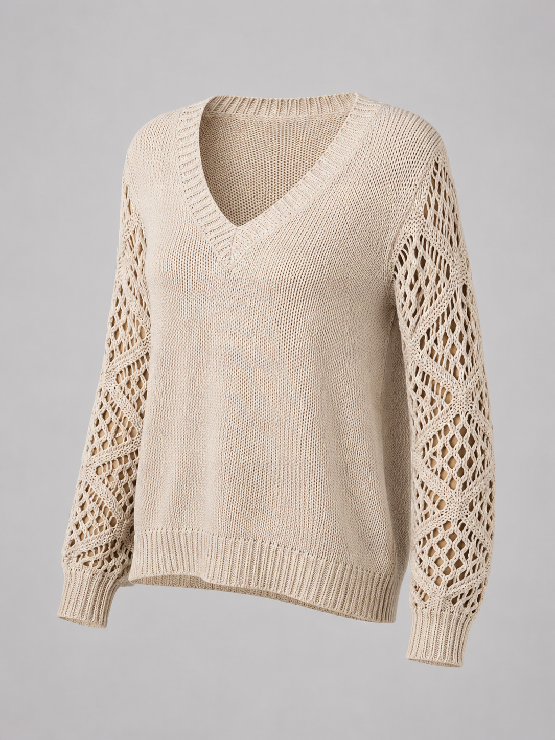 Women's Open Knit Sleeve Jumper | Relaxed V-Neck Sweater