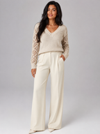 Women's Open Knit Sleeve Jumper | Relaxed V-Neck Sweater