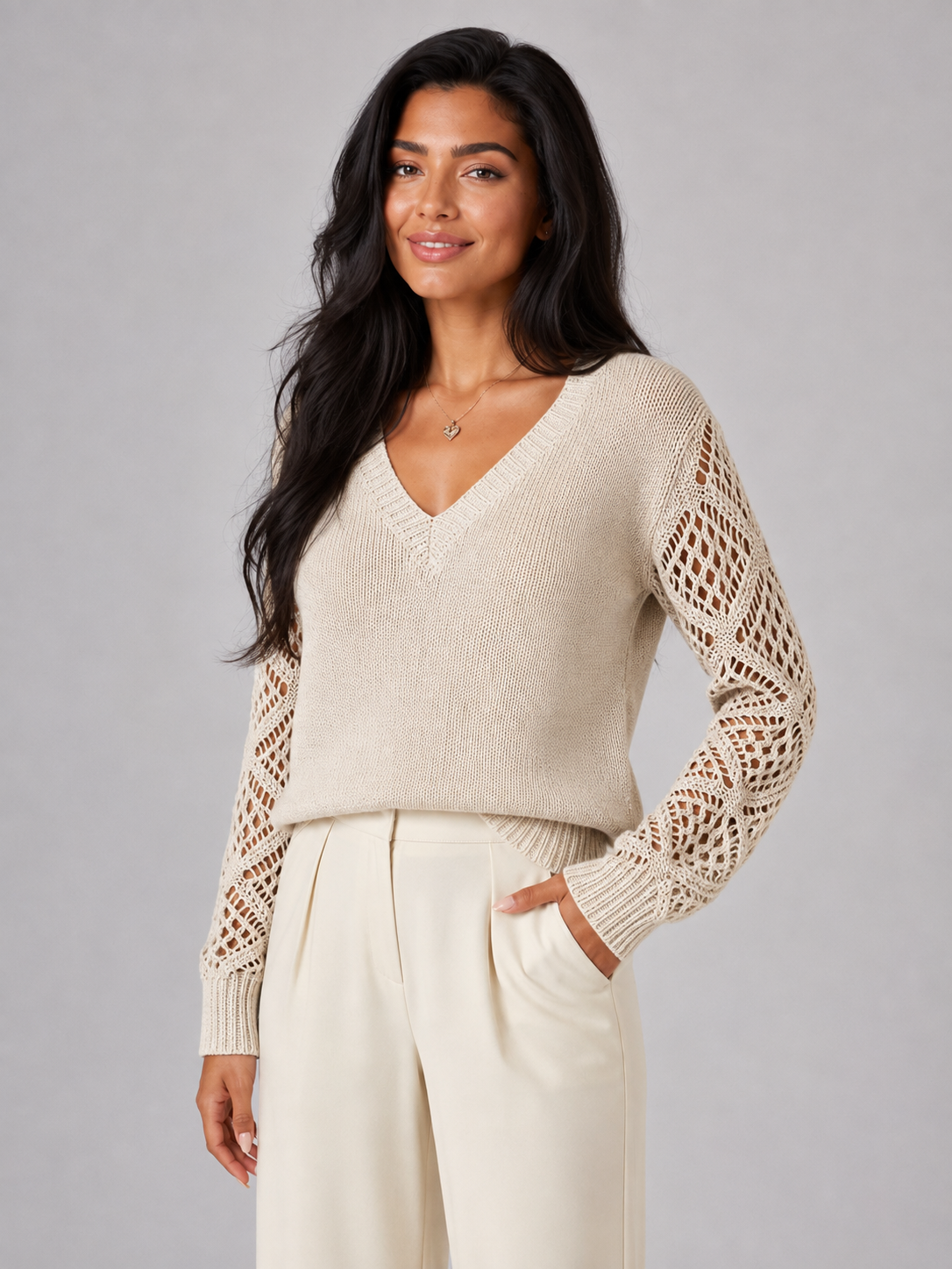 Women's Open Knit Sleeve Jumper | Relaxed V-Neck Sweater