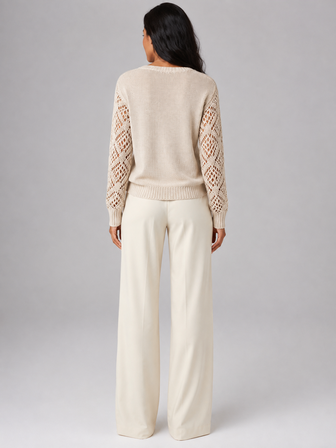 Women's Open Knit Sleeve Jumper | Relaxed V-Neck Sweater