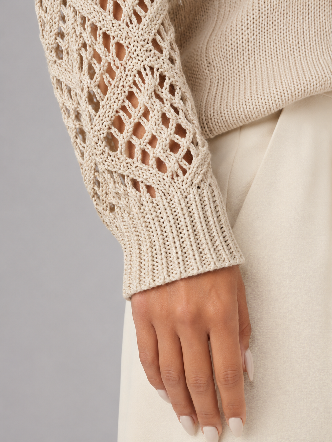 Women's Open Knit Sleeve Jumper | Relaxed V-Neck Sweater