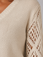 Women's Open Knit Sleeve Jumper | Relaxed V-Neck Sweater
