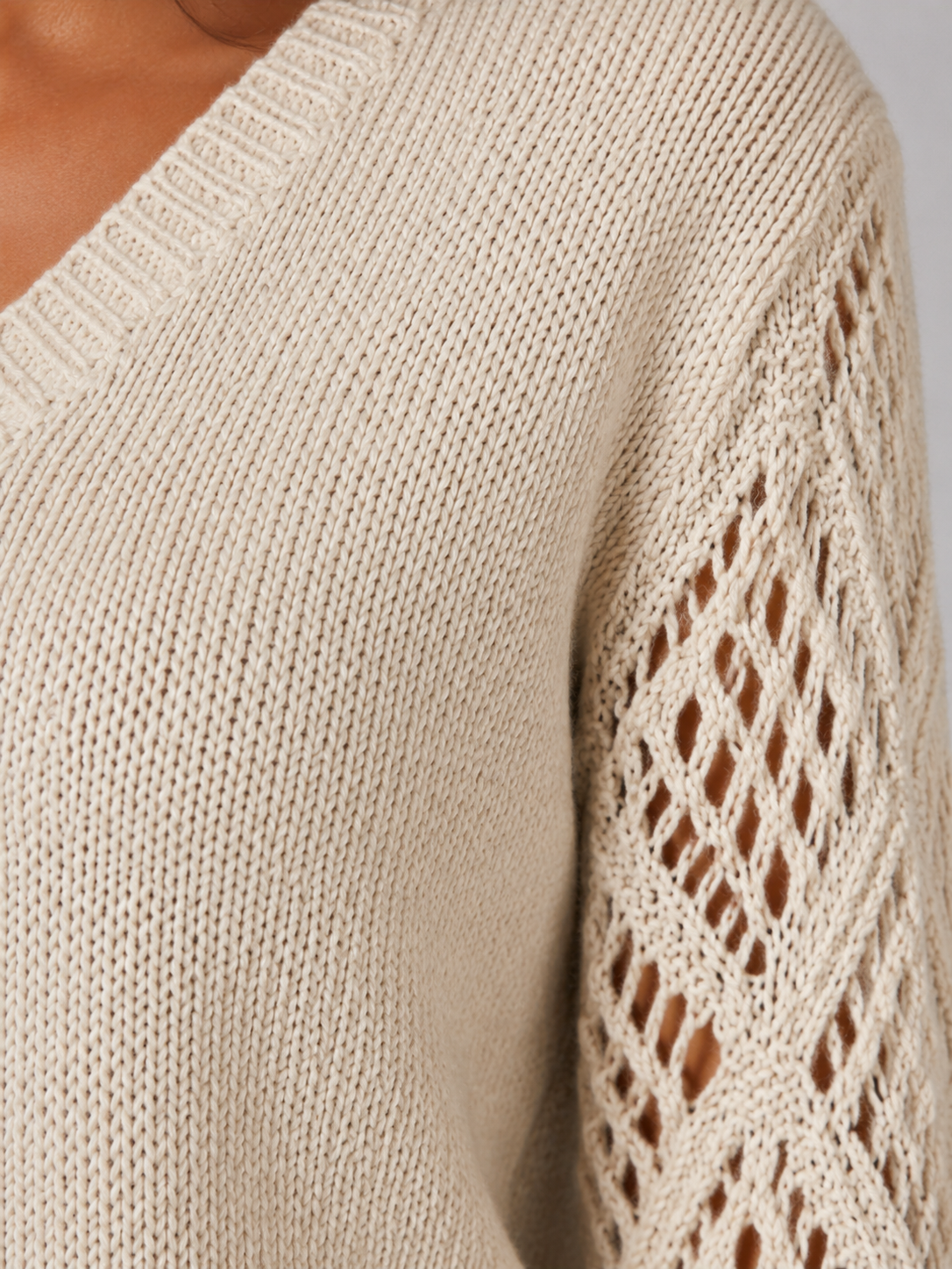Women's Open Knit Sleeve Jumper | Relaxed V-Neck Sweater
