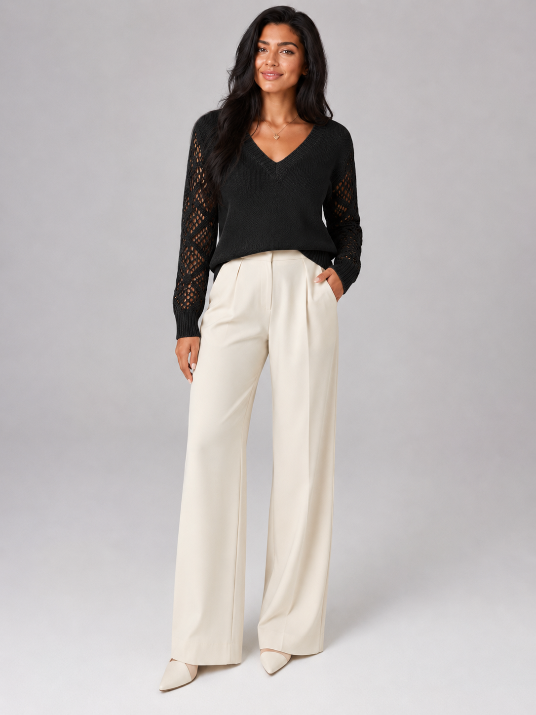 Women's Open Knit Sleeve Jumper | Relaxed V-Neck Sweater