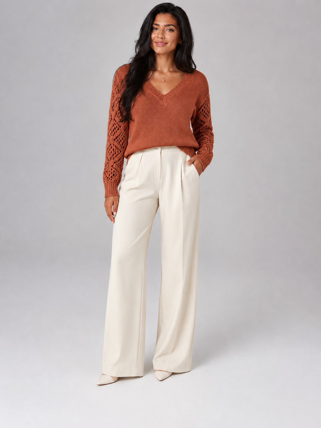 Women's Open Knit Sleeve Jumper | Relaxed V-Neck Sweater