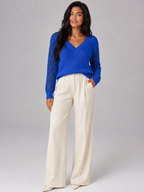 Women's Open Knit Sleeve Jumper | Relaxed V-Neck Sweater
