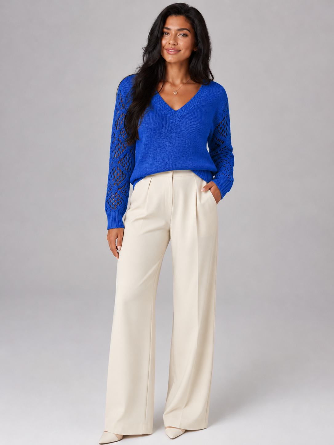 Women's Open Knit Sleeve Jumper | Relaxed V-Neck Sweater