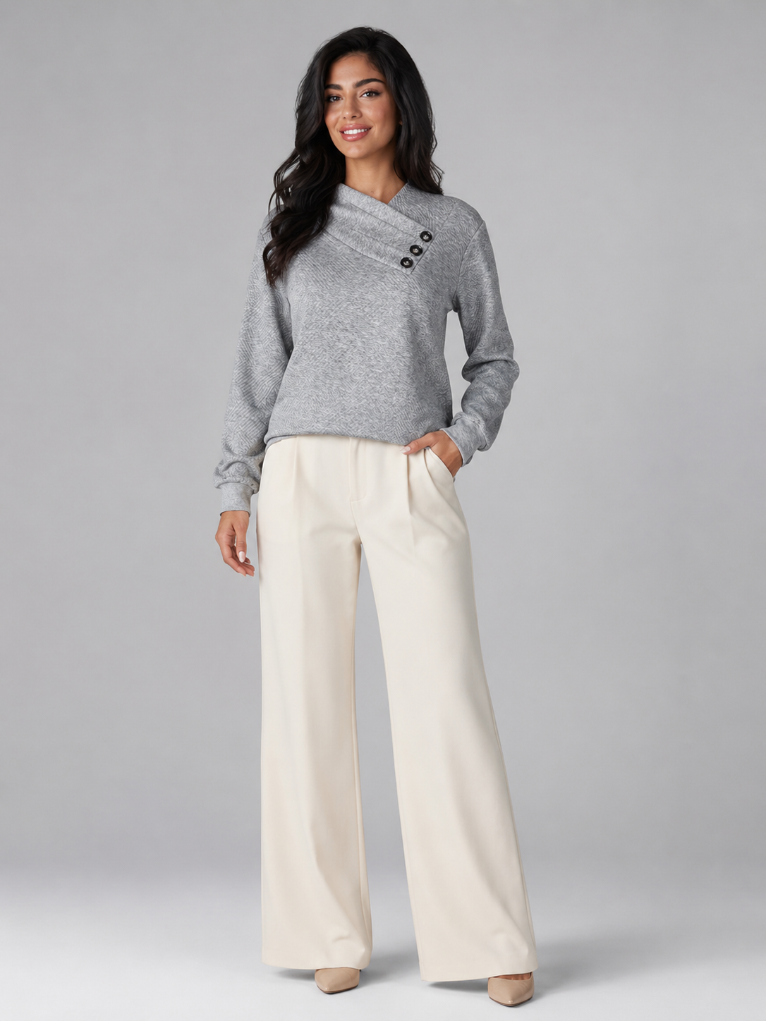 Women's Shawl Collar Button Sweater | Textured Pullover
