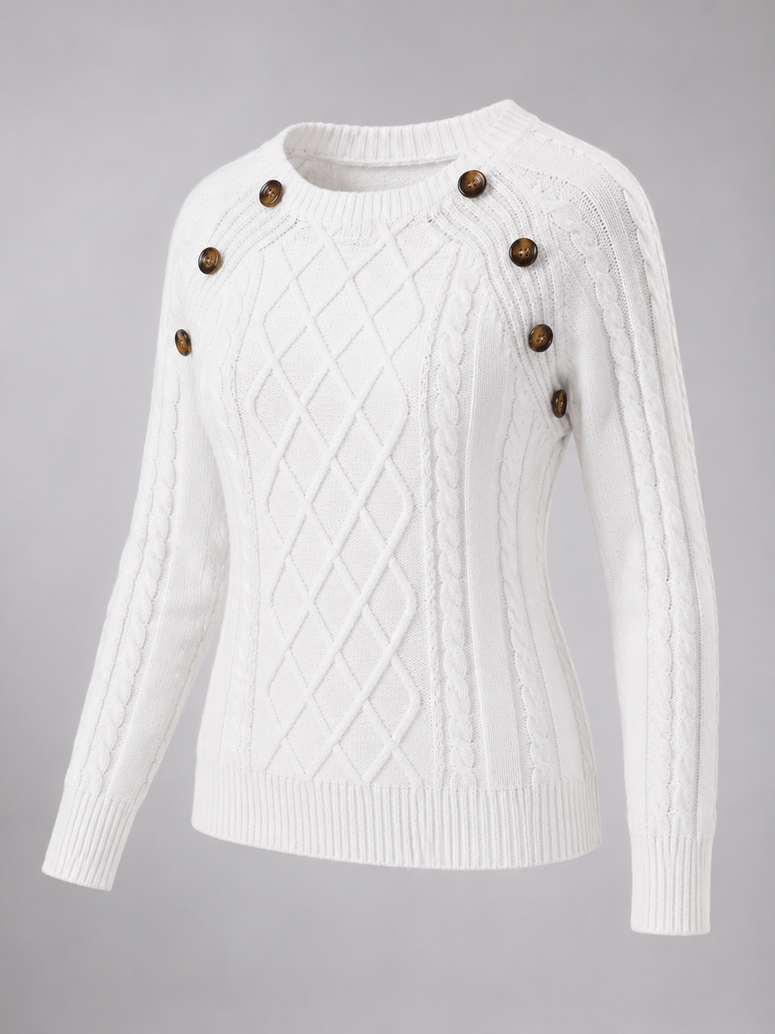 Women's Cable Knit Button Shoulder Jumper | Crew Neck Sweater