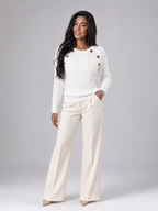 Women's Cable Knit Button Shoulder Jumper | Crew Neck Sweater