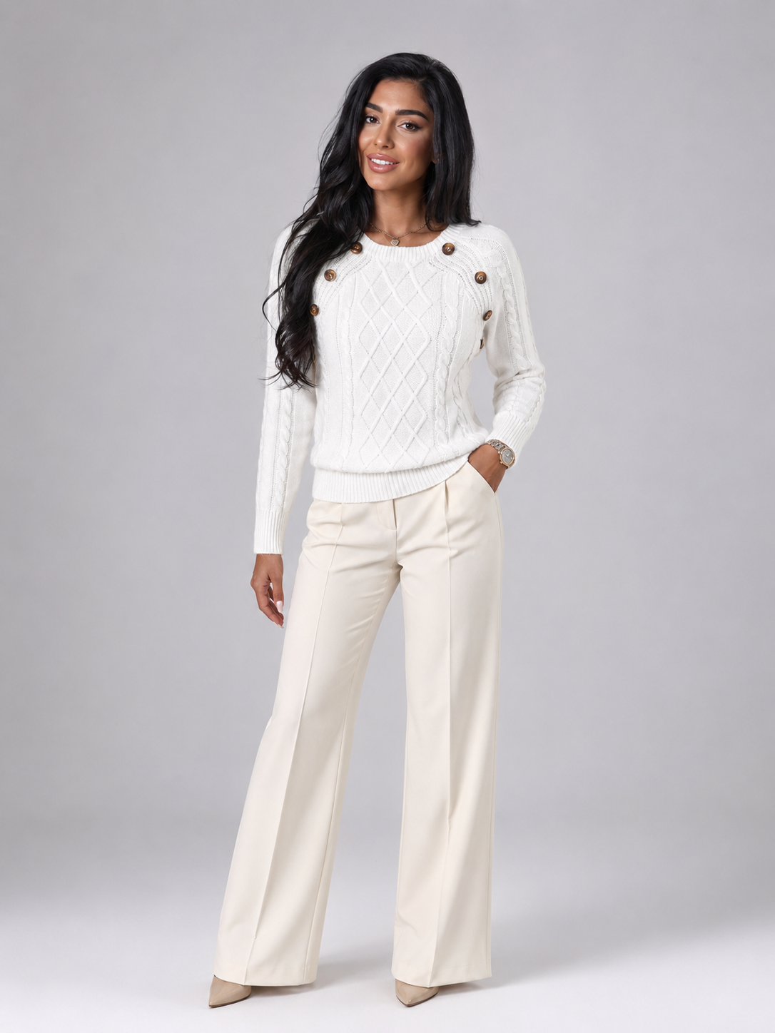 Women's Cable Knit Button Shoulder Jumper | Crew Neck Sweater