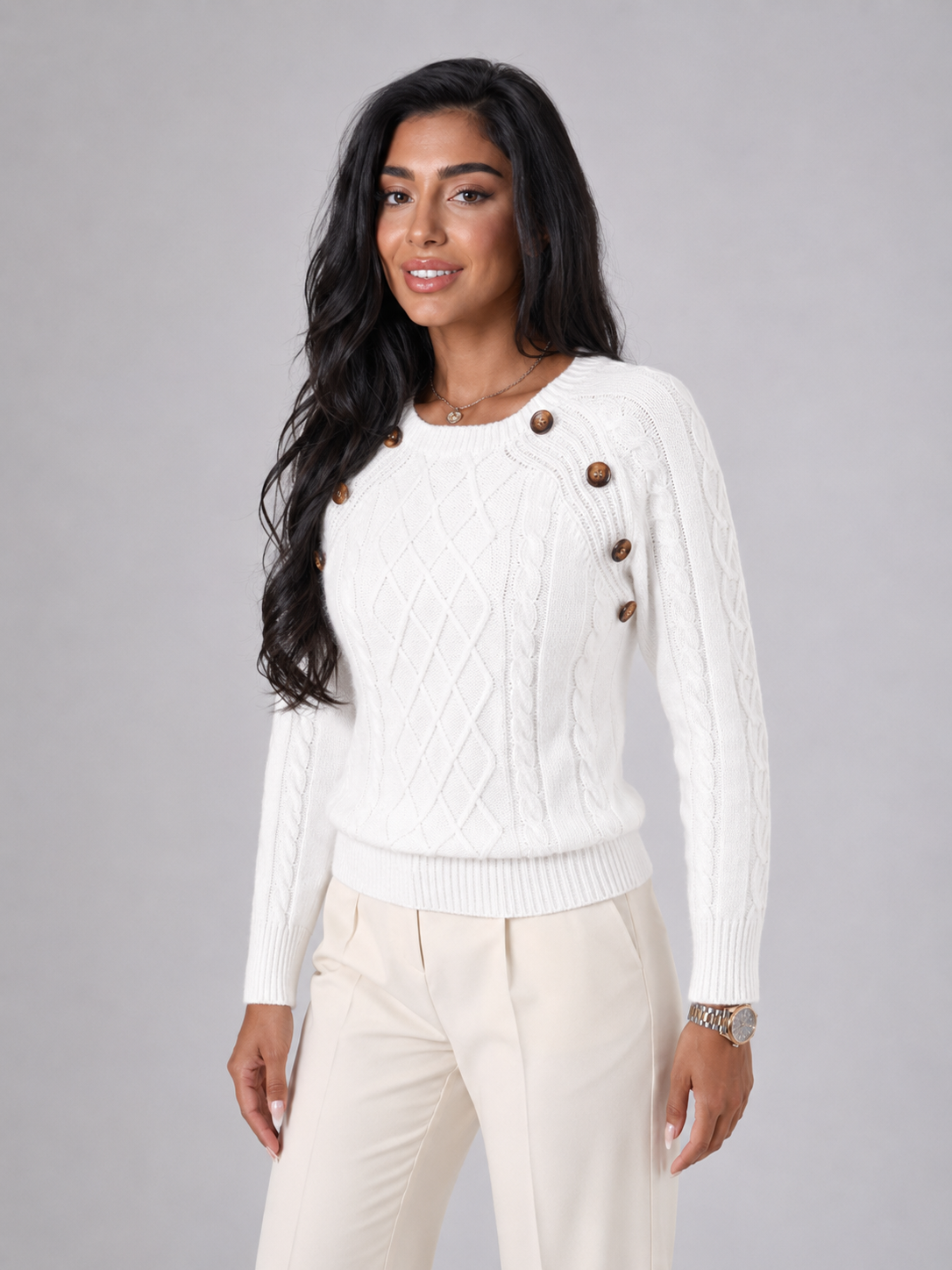 Women's Cable Knit Button Shoulder Jumper | Crew Neck Sweater